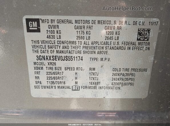 3GNAXSEV0JS551174 2018 CHEVROLET EQUINOX Gold ძრავის განყოფილების ხედი