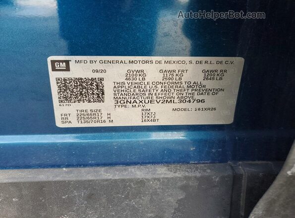 3GNAXUEV2ML304796 2021 CHEVROLET EQUINOX Blue Вид наклейки з VIN-кодом