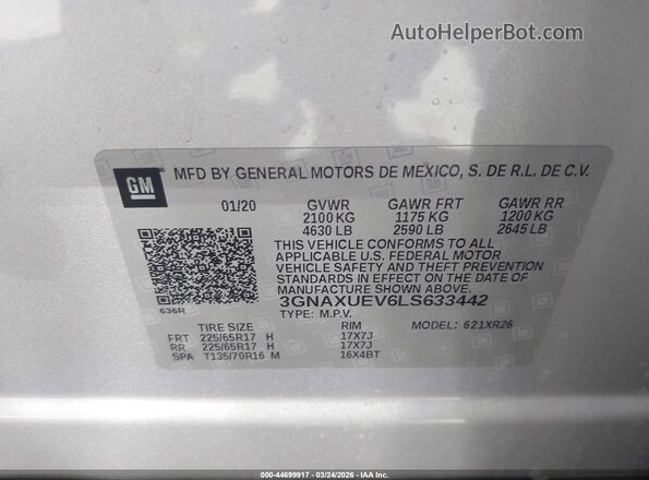 3GNAXUEV6LS633442 2020 CHEVROLET EQUINOX Серебряный Вид подкапотного пространства