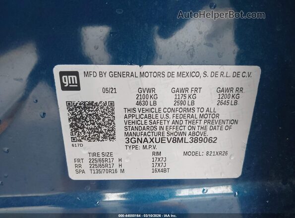 3GNAXUEV8ML389062 2021 CHEVROLET EQUINOX Blue 