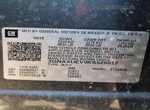3GNAXUEV9KS529817 2019 CHEVROLET EQUINOX Серый 