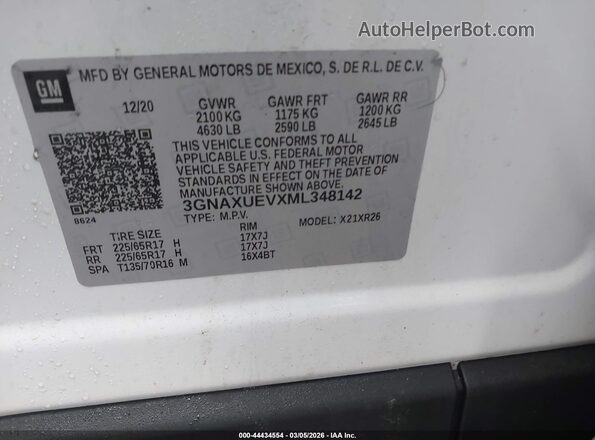 3GNAXUEVXML348142 2021 CHEVROLET EQUINOX White Vista del compartimento del motor