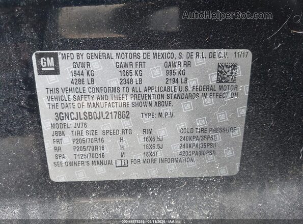 3GNCJLSB0JL217862 2018 CHEVROLET TRAX Black ძრავის განყოფილების ხედი
