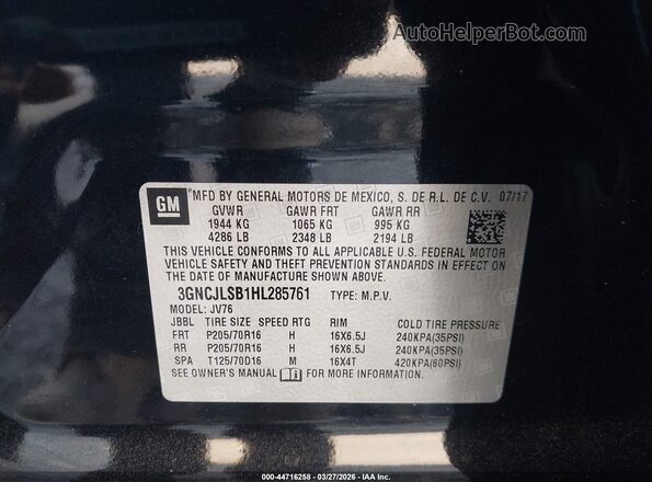 3GNCJLSB1HL285761 2017 CHEVROLET TRAX Black Вид підкапотного простору