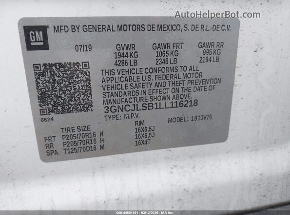 3GNCJLSB1LL116218 2020 CHEVROLET TRAX White Vista del compartimento del motor