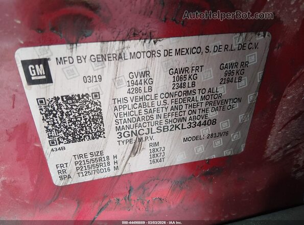 3GNCJLSB2KL334408 2019 CHEVROLET TRAX Red 