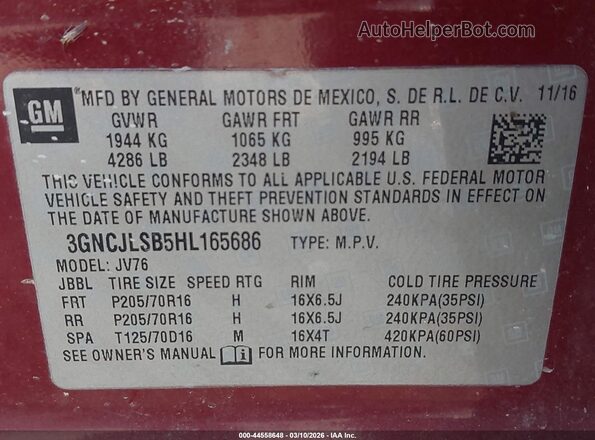 3GNCJLSB5HL165686 2017 CHEVROLET TRAX Burgundy 