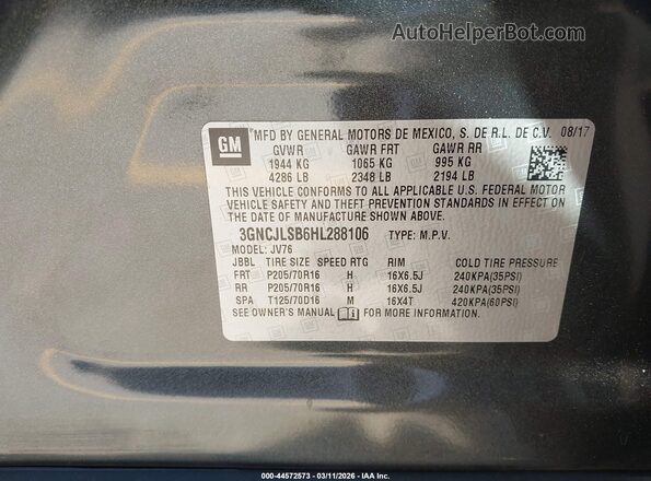 3GNCJLSB6HL288106 2017 CHEVROLET TRAX Black Vista del compartimento del motor