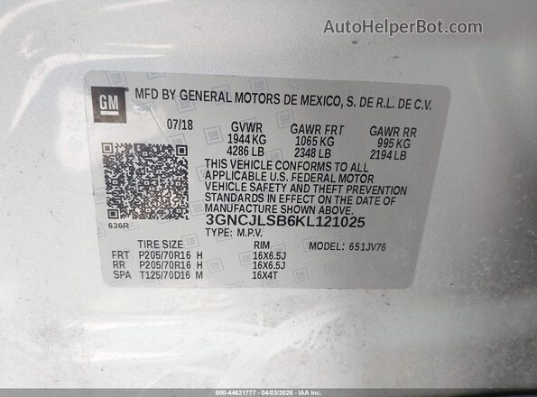 3GNCJLSB6KL121025 2019 CHEVROLET TRAX Silver Շարժիչի բաժամունքի տեսք