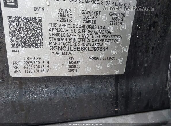 3GNCJLSB6KL397544 2019 CHEVROLET TRAX Black 