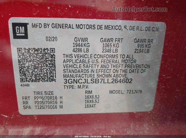 3GNCJLSB7LL264602 2020 CHEVROLET TRAX Burgundy Engine compartment view