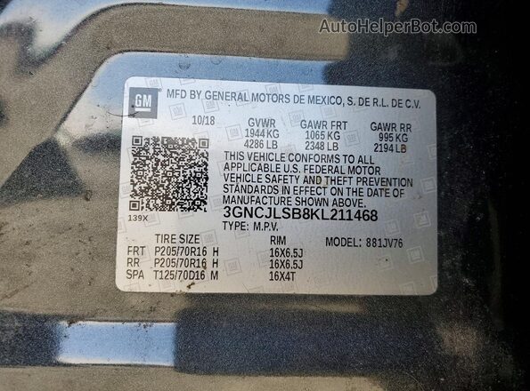 3GNCJLSB8KL211468 2019 CHEVROLET TRAX Gray 