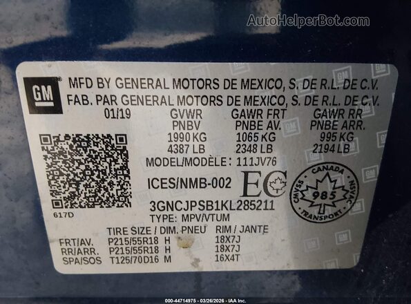 3GNCJPSB1KL285211 2019 CHEVROLET TRAX Blue Engine compartment view