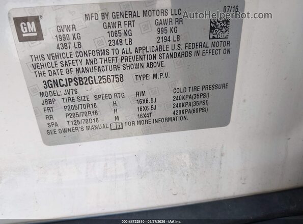 3GNCJPSB2GL256758 2016 CHEVROLET TRAX White 