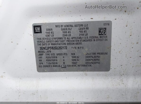 3GNCJPSB2GL262172 2016 CHEVROLET TRAX White Engine compartment view
