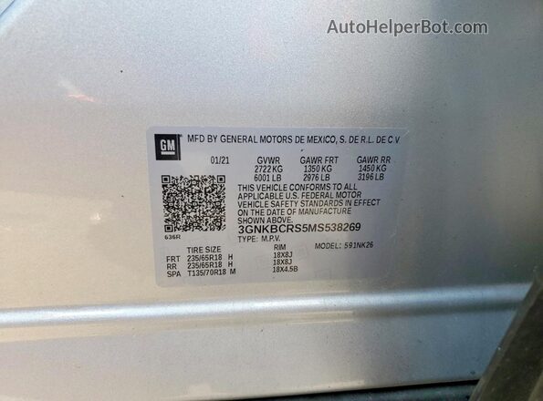 3GNKBCRS5MS538269 2021 CHEVROLET BLAZER Silver VIN კოდის სტიკერის ხედი