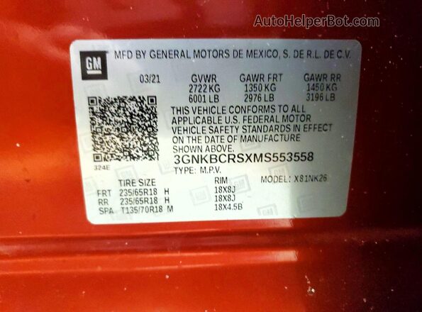 3GNKBCRSXMS553558 2021 CHEVROLET BLAZER Orange VIN კოდის სტიკერის ხედი