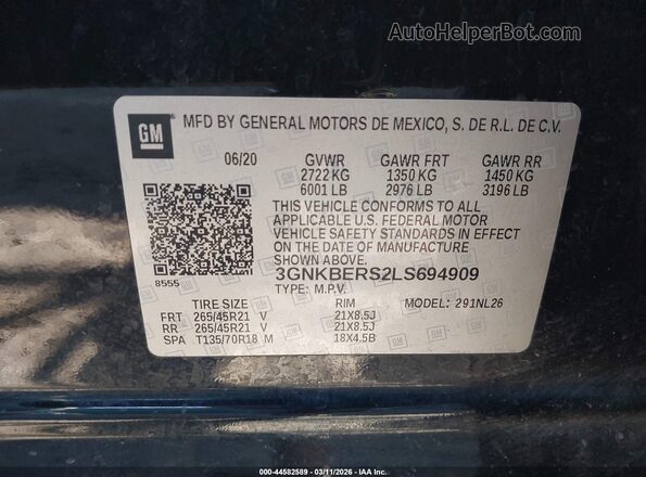 3GNKBERS2LS694909 2020 CHEVROLET BLAZER Black Vista del compartimento del motor