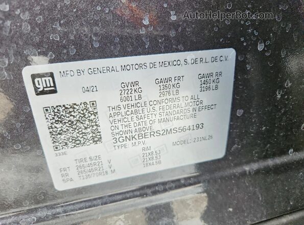 3GNKBERS2MS564193 2021 CHEVROLET BLAZER Charcoal VIN sticker view