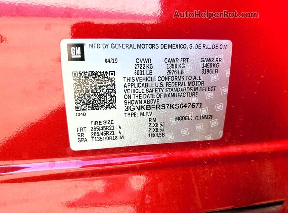 3GNKBFRS7KS647671 2019 CHEVROLET BLAZER Красный 