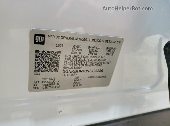3GNKBHR43NS123886 2022 CHEVROLET BLAZER White Widok naklejki z numerem VIN