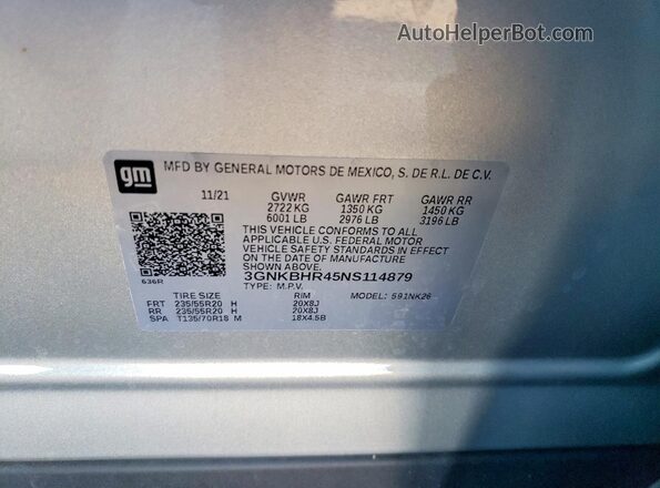 3GNKBHR45NS114879 2022 CHEVROLET BLAZER Silver VIN sticker view