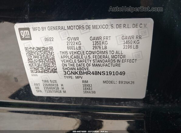 3GNKBHR48NS191049 2022 CHEVROLET BLAZER Black 