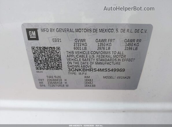 3GNKBHRS4MS549969 2021 CHEVROLET BLAZER White Вид підкапотного простору