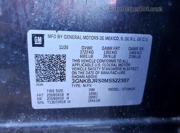 3GNKBJRS0MS522307 2021 CHEVROLET BLAZER Gray VIN კოდის სტიკერის ხედი