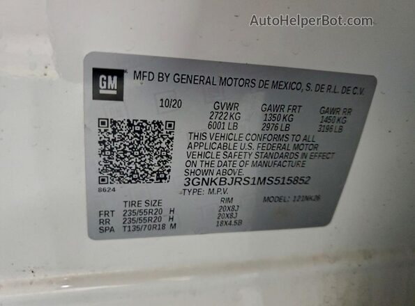 3GNKBJRS1MS515852 2021 CHEVROLET BLAZER White Вид наклейки з VIN-кодом