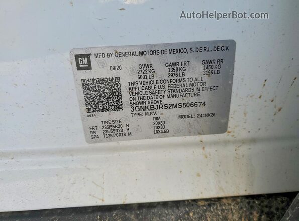 3GNKBJRS2MS506674 2021 CHEVROLET BLAZER White VIN კოდის სტიკერის ხედი