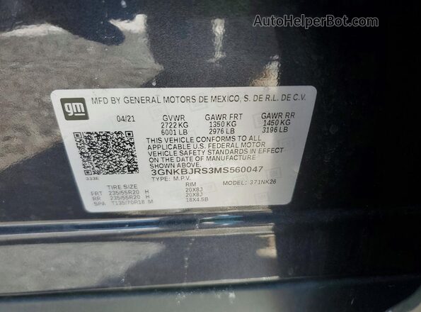3GNKBJRS3MS560047 2021 CHEVROLET BLAZER Charcoal VIN კოდის სტიკერის ხედი