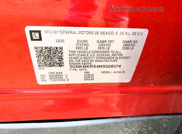 3GNKBKRS4MS528374 2021 CHEVROLET BLAZER Maroon VIN կոդի պիտակի տեսք