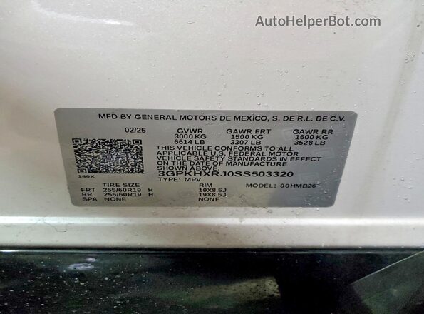 3GPKHXRJ0SS503320 2025 HONDA PROLOGUE White Вид наклейки з VIN-кодом