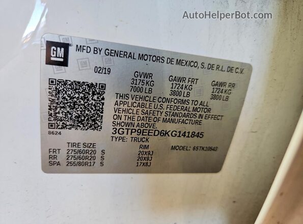 3GTP9EED6KG141845 2019 GMC SIERRA White 