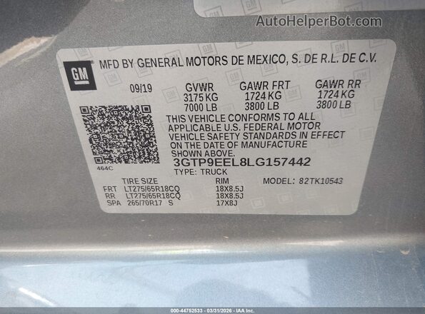 3GTP9EEL8LG157442 2020 GMC SIERRA Silver Vista del compartimento del motor