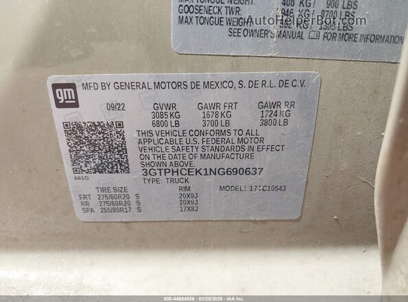 3GTPHCEK1NG690637 2022 GMC SIERRA Tan Widok komory silnika