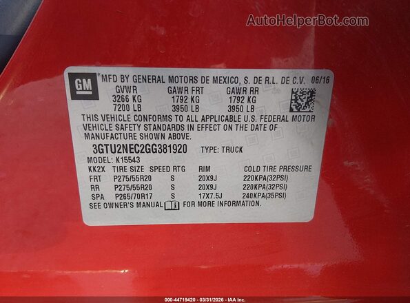 3GTU2NEC2GG381920 2016 GMC SIERRA Red Vista del compartimento del motor