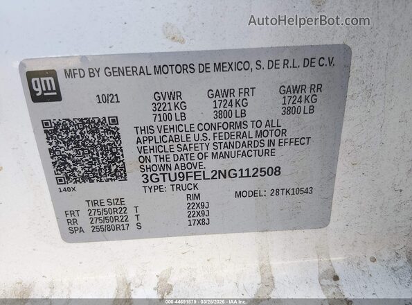 3GTU9FEL2NG112508 2022 GMC SIERRA Белый Вид подкапотного пространства
