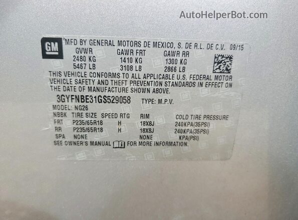 3GYFNBE31GS529058 2016 CADILLAC SRX Silver სალონის 360-გრადუსიანი ხედი