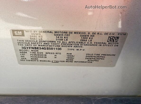 3GYFNBE34GS581106 2016 CADILLAC SRX Silver VIN sticker view