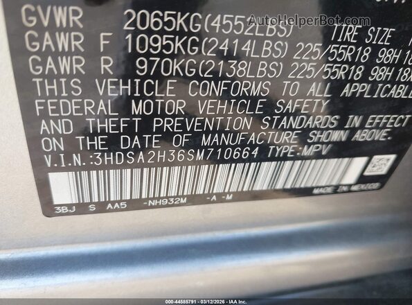3HDSA2H36SM710664 2025 ACURA ADX Silver Vista de la etiqueta del VIN