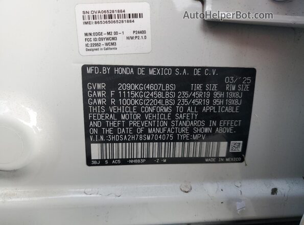 3HDSA2H78SM704075 2025 ACURA ADX White VIN կոդի պիտակի տեսք