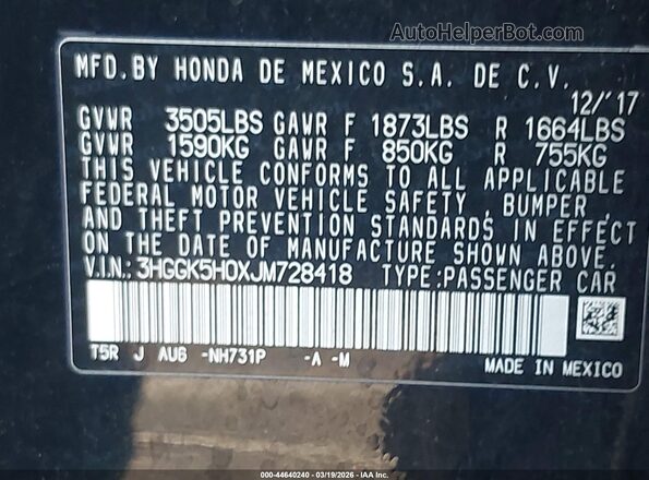 3HGGK5H0XJM728418 2018 HONDA FIT Black Widok komory silnika