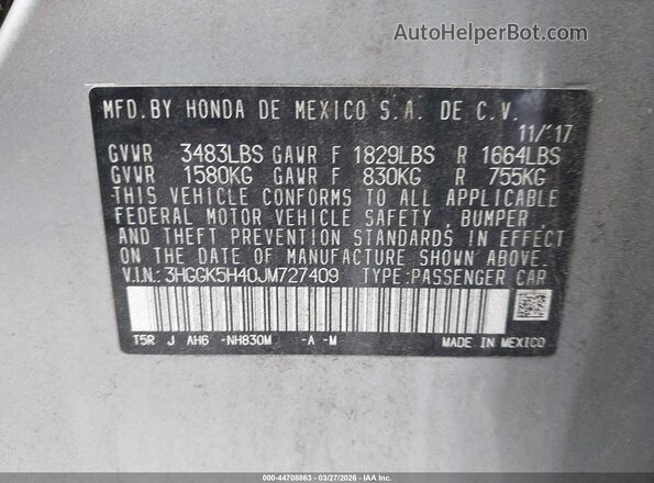 3HGGK5H40JM727409 2018 HONDA FIT Silver Widok komory silnika