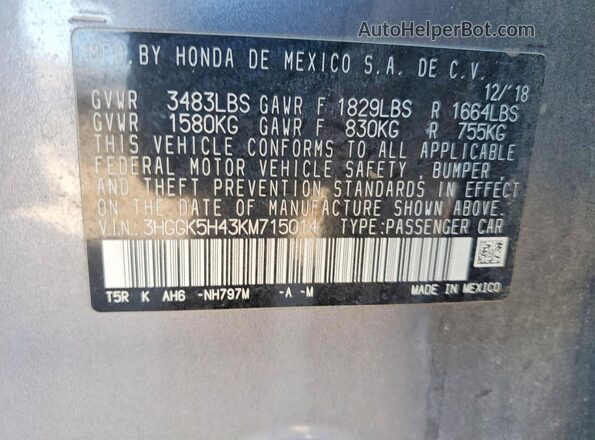 3HGGK5H43KM715014 2019 HONDA FIT Серый 