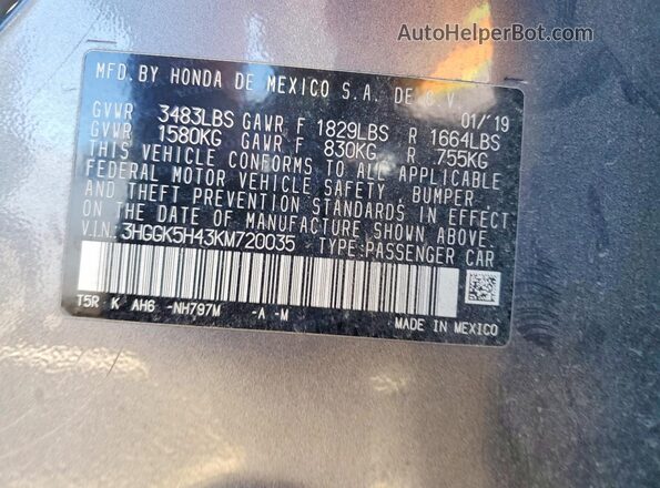 3HGGK5H43KM720035 2019 HONDA FIT Charcoal Widok naklejki z numerem VIN