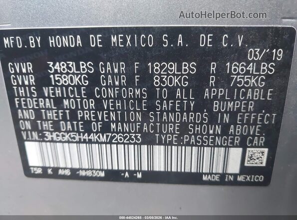 3HGGK5H44KM726233 2019 HONDA FIT Серебряный 