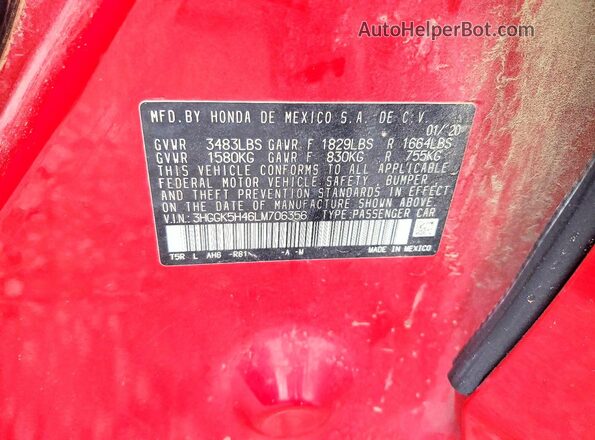 3HGGK5H46LM706356 2020 HONDA FIT Красный Вид подкапотного пространства