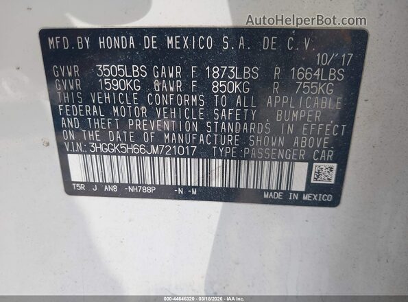 3HGGK5H66JM721017 2018 HONDA FIT Белый Вид подкапотного пространства